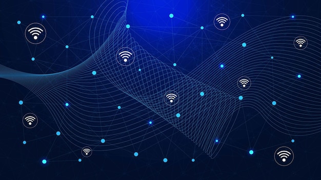 Dots and lines connection with wave flow and wifi icon for digital communication technology backdrop
