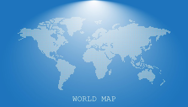 dotted blank white world map isolated on blue background world map vector template for website infographics design flat earth world map with round dots illustration