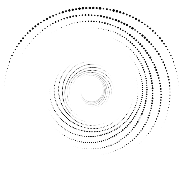 Dotted, dots, speckles abstract concentric circle. Spiral, swirl, twirl element. Circular and radial