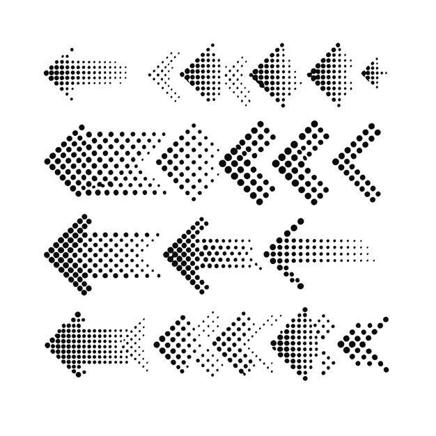 Dotted halftone arrows set on a isolated white background 7