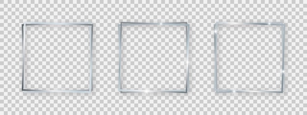 Double square shiny frames with glowing effects Set of three silver double square frames with shadows on transparent background Vector illustration