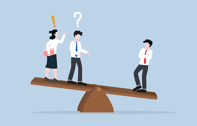 Double standard concept Businessman is heavier than two colleagues on another side of seesaw