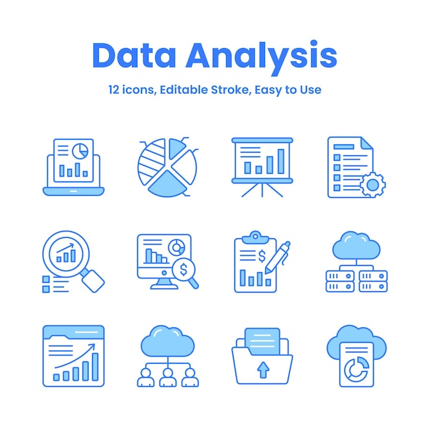 Download omhyggeligt udformede dataanalyse- og statistikikoner i premium vektorer, der er nemme at bruge.