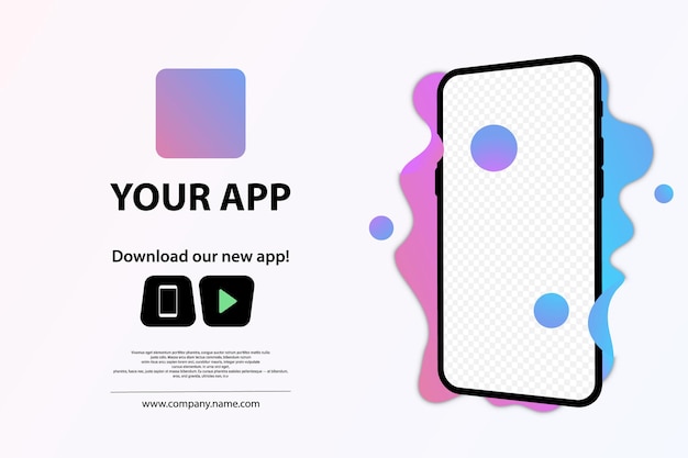 Download page of the mobile app. Advertising space for your application. Screenshot Space. Download buttons