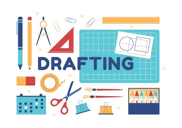 drafting or architect working on drawing board projecting and draft in flat cartoon illustration