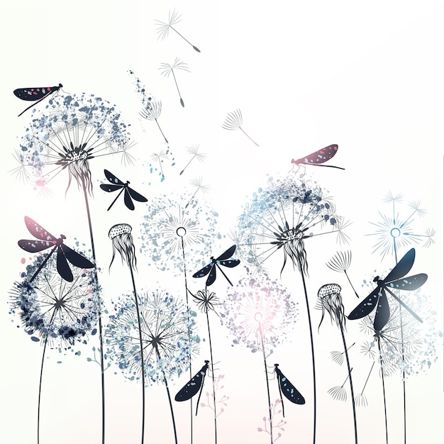 Dragonfly with dandelions vector sketch illustration