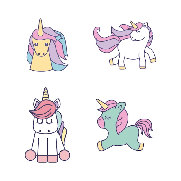 drawing cute set unicorns icon