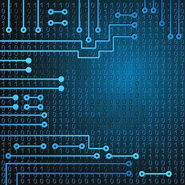 drawing modern electronic circuit and  binary code on blue grungy background