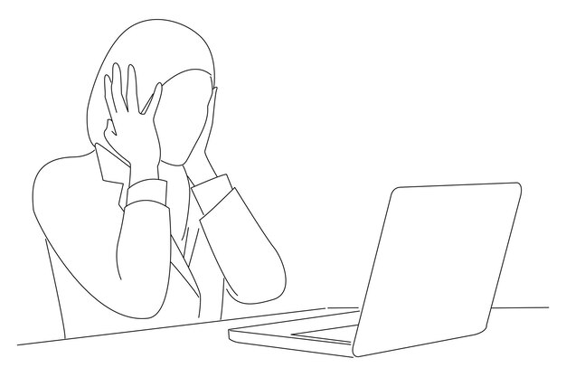 Drawing of beautiful muslim business woman scared terrified sitting at the desk working using laptop