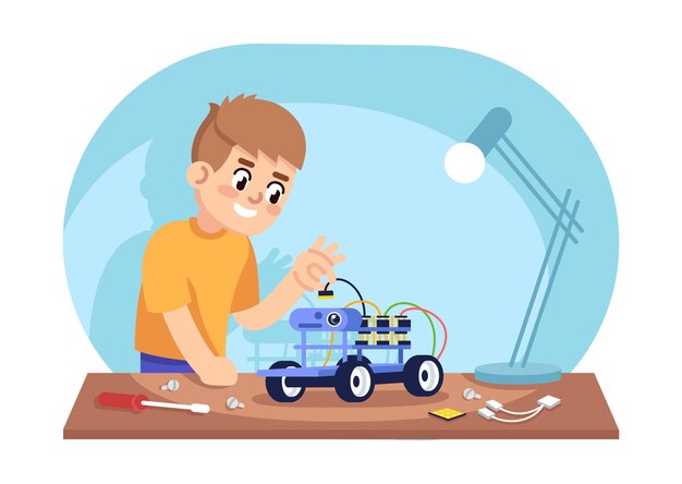 Dreng samler robotbil flad vektor illustration