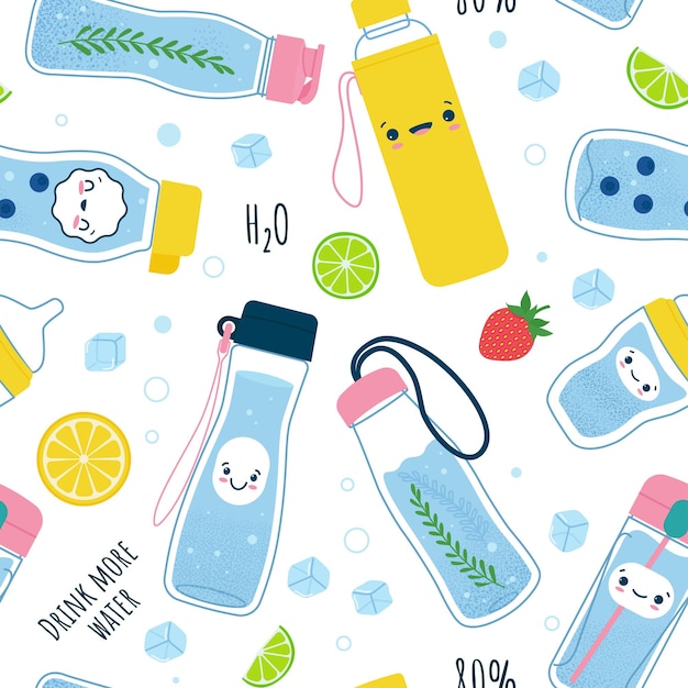 Drink more water Seamless pattern in kawaii style Plastic mug glass bottle thermos jug