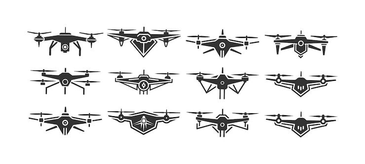 Vektör drone icons set in black and white silhouette style featuring various quadcopter designs