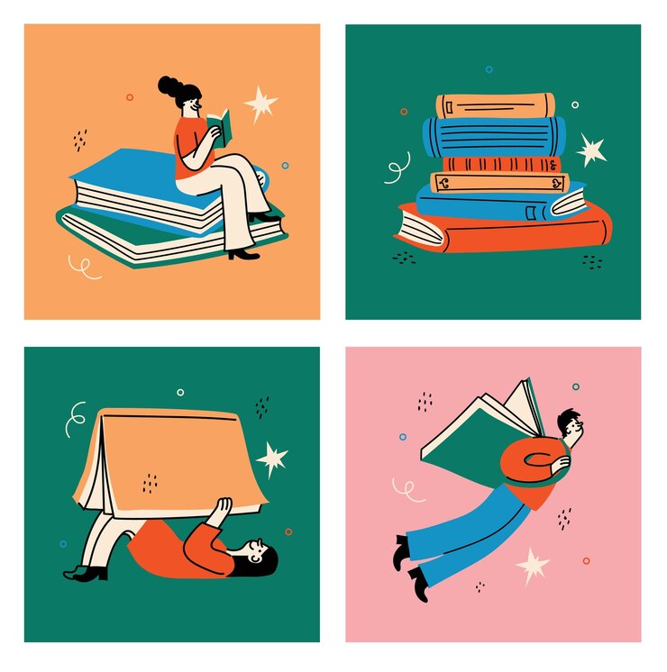 Dünya Kitap Günü grafikleri kitap haftası etkinlikleri Okuyan insanların modern düz vektör konsepti çizimi