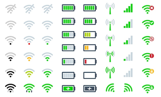Düz Cep telefonu sistemi simgeleri WiFi sinyal gücü pil şarj düzeyi ve sembol işareti uzaktan erişim ve iletişim telsizi