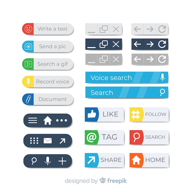 Düz design ile renkli web design buton koleksiyonu