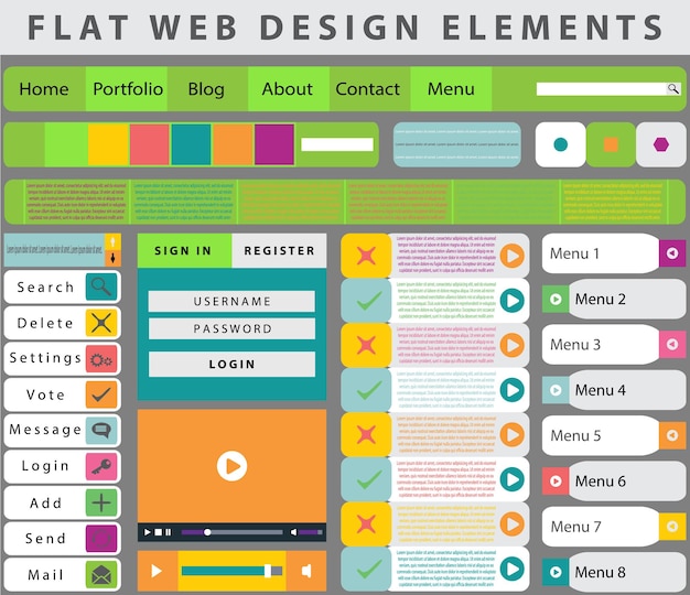 Düz Web Tasarım öğeleri, düğmeler, simgeler. Web sitesi için şablonlar