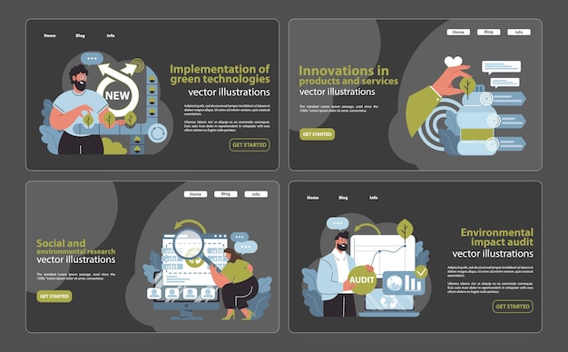 Dynamic csr solutions set illustrating green tech adoption breakthroughs in sustainability and