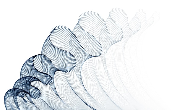 Dynamic particles sound wave flowing, transparent tulle textile on wind. Dotted curves vector abstract background. Beautiful 3d wave shaped array of blended points.