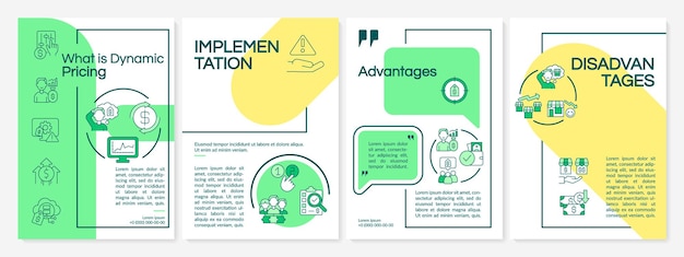 Dynamisk prissætning, grøn og gul brochure skabelon. Implementering. Design til tryk af hæfter med lineære ikoner. Vektor layout til præsentation, årsrapporter og reklamer. Questrial- og Lato-Regular-skrifttyper er anvendt.