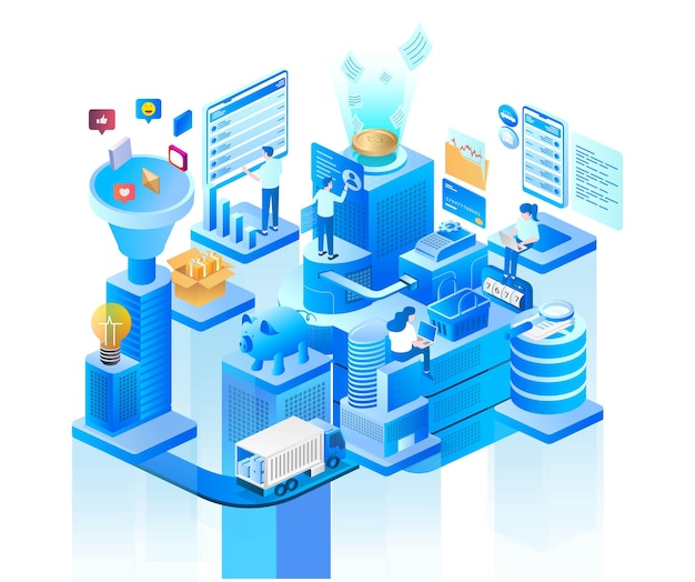 E Commerce process steps in isometric illustration