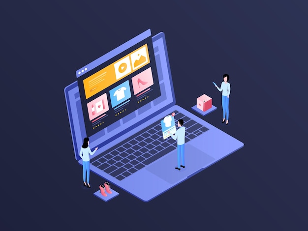 E-Commerce Product Isometric Illustration Dark Gradient. Suitable for Mobile App, Website, Banner, Diagrams, Infographics, and Other Graphic Assets.