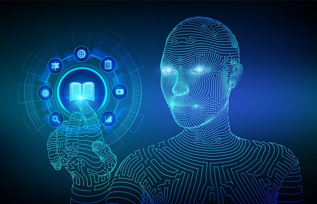 e-learning. innovative online education and internet technology concept. webinar, teaching, training courses. skill development. wireframed cyborg hand touching digital interface. vector illustration.