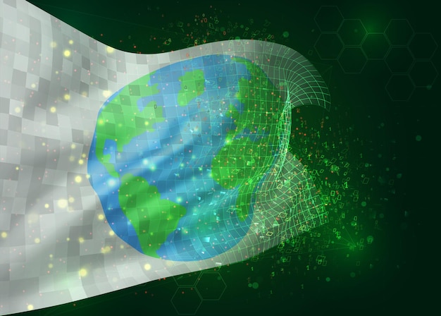 earth protection on vector 3d flag on green background with polygons and data numbers