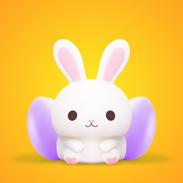 Easter baby rabbit with purple chicken eggs kawaii character 3d icon realistic vector illustration