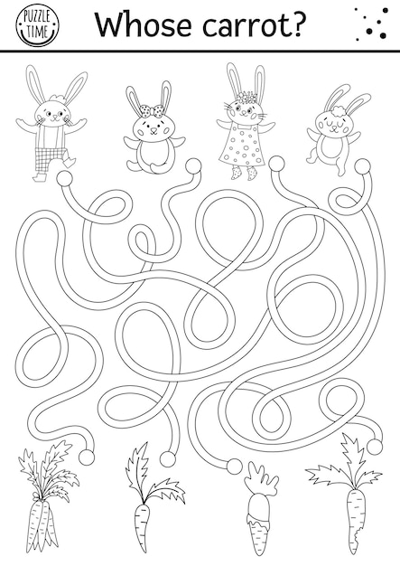 Easter black and white maze for children with bunny family and carrots Holiday outline preschool printable activity with rabbits and vegetables Funny spring garden game or coloring pagexA