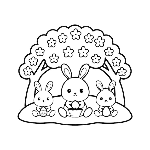 Easter Bunny Family with Eggs and Flowers