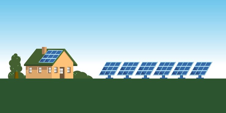 Vektör eco house with solar panels and trees near by. alternative energy. family home