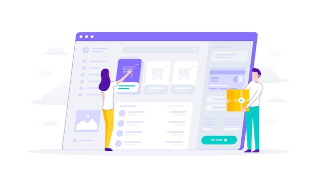 ecommerce product web app, payment with credit card, man bring product box, illustration flat