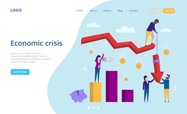 economic crisis, business and finance concept. cartoon characters standing near the infographics scale with loudspeaker, money falling to the ground. man pulls arrow up.