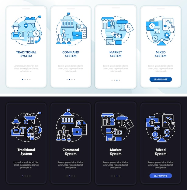 Economic system types night and day mode onboarding mobile app screen Walkthrough 4 steps graphic instructions pages with linear concepts UI UX GUI template Myriad ProBold Regular fonts used
