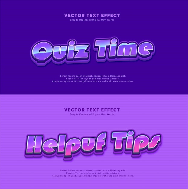 Editable text effect Quiz Time and Quiz Tips 3d cartoon template style premium vector Trendy color