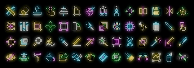 Editing tools icons set vector neon
