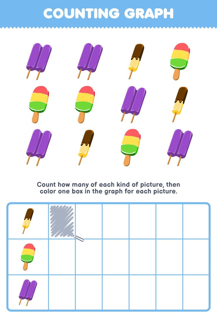 Vektor education game for children count how many cute cartoon popsicle then color the box in the graph printable food worksheet