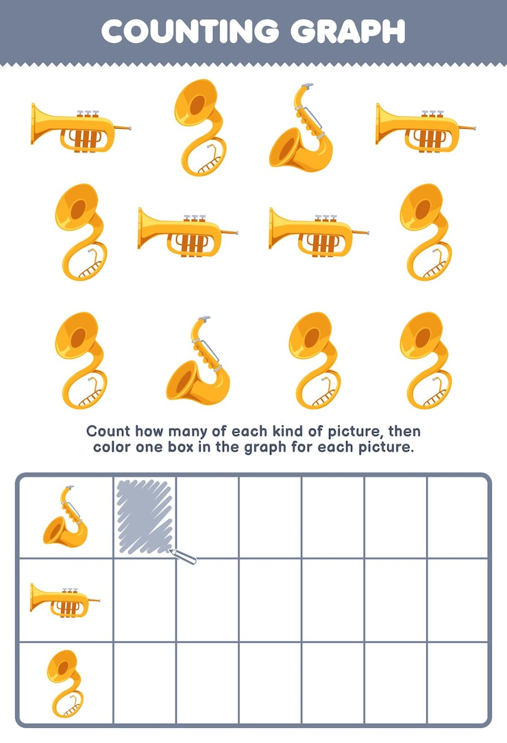 Vektör education game for children count how many cute cartoon trumpet saxophone sousaphone then color the box in the graph printable music instrument worksheet
