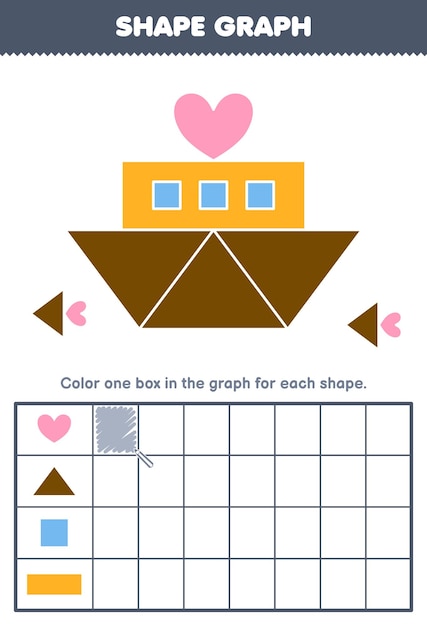 Education game for children count how many shape of heart triangle square and rectangle then color the box in the graph printable shapes worksheet