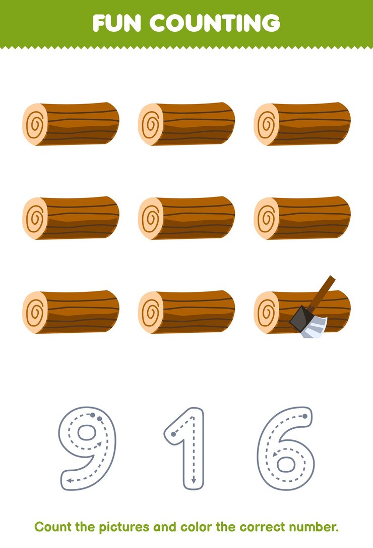 Vektor education game for children count the pictures and color the correct number from cute cartoon wood log printable farm worksheet