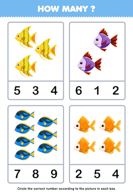 Education game for children counting how many cute cartoon fish in each box pet worksheet