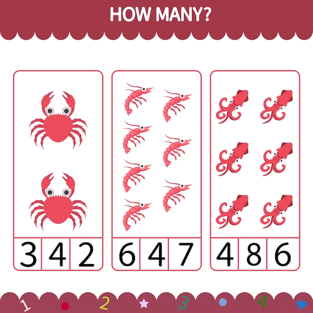 education game for children counting how many cute cartoon sea animals