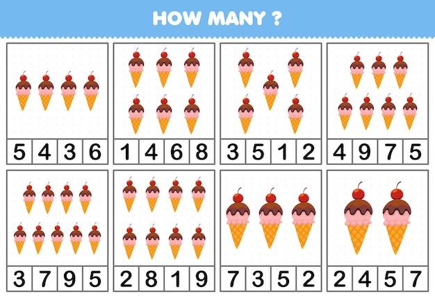 Education game for children counting how many objects in each table of cute cartoon ice cream printable worksheet