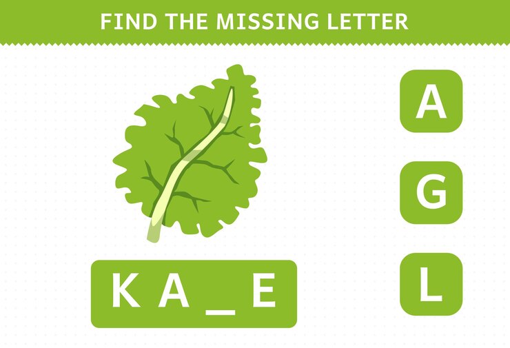 Vektör education game for children find missing letter cute cartoon vegetable kale worksheet