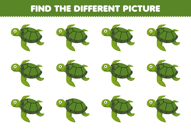 Education game for children find the different picture of cute cartoon turtle printable underwater worksheet
