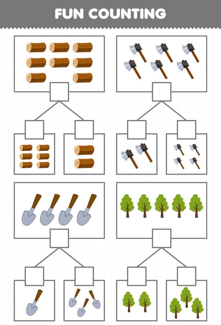 Vektor education game for children fun counting picture in each box of cute cartoon wood log ax shovel tree printable farm worksheet