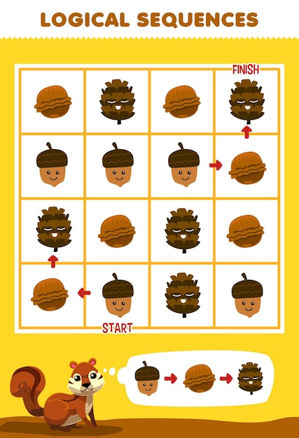 Education game for children logical sequence help cute cartoon squirrel sort acorn nut and pinecone from start to finish printable nature worksheet