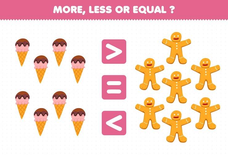 Vektör education game for children more less or equal count the amount of cartoon food ice cream gingerbread