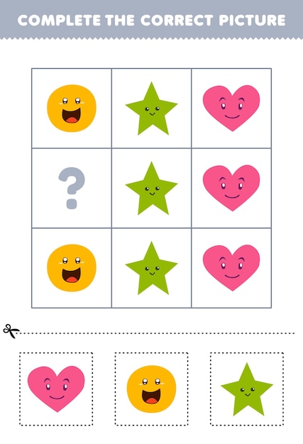 Education game for children to choose and complete the correct picture of a cute cartoon heart circle or star printable shape worksheet