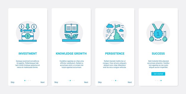 Education investment knowledge growth ux ui onboarding mobile app page screen set